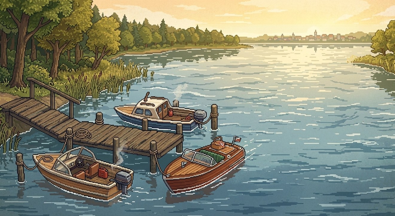 Hölzerner Bootssteg an einem ruhigen Havel-Abschnitt: zwei Motorboote im Abendlicht, Stadtsilhouette in der Ferne. Illustration aus der Dalbi-App.