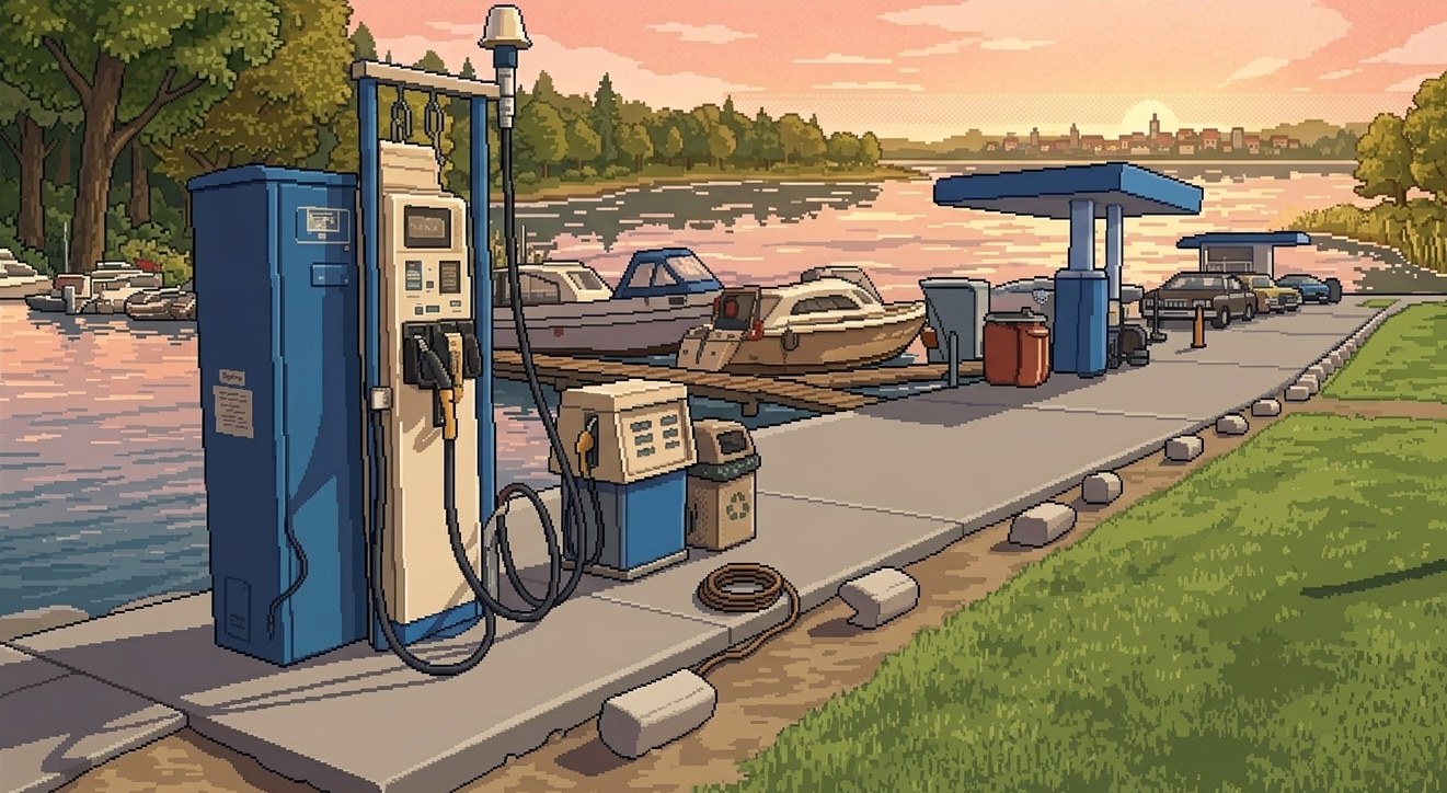 Bootstankstelle am Steg: Pumpsäule, Boote im Hafen, Sonnenuntergang über dem See. Illustration aus der Dalbi-App.